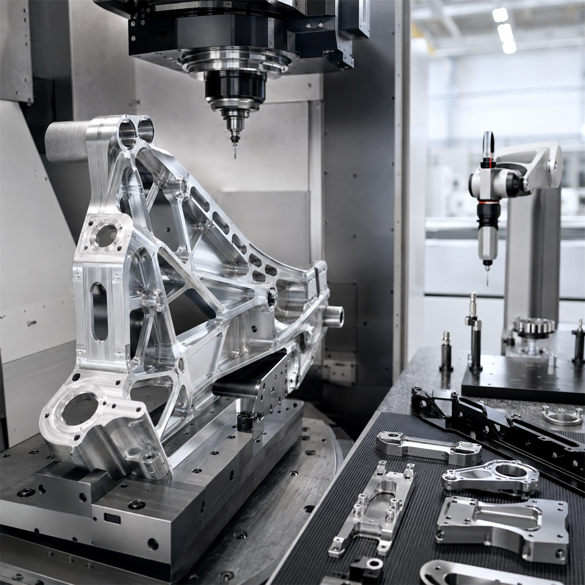 Aerospace landing visual with lightweight machined aluminum and titanium-style components in a premium CNC manufacturing environment.